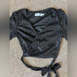 Black Sequin Halter Wrap Long Sleeve Top